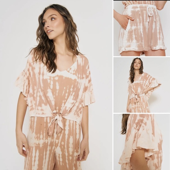 Mystree Pants - 🆕Kimono Short Set Tie Dye Blush Cream Natural Ruffles 2 Piece Set